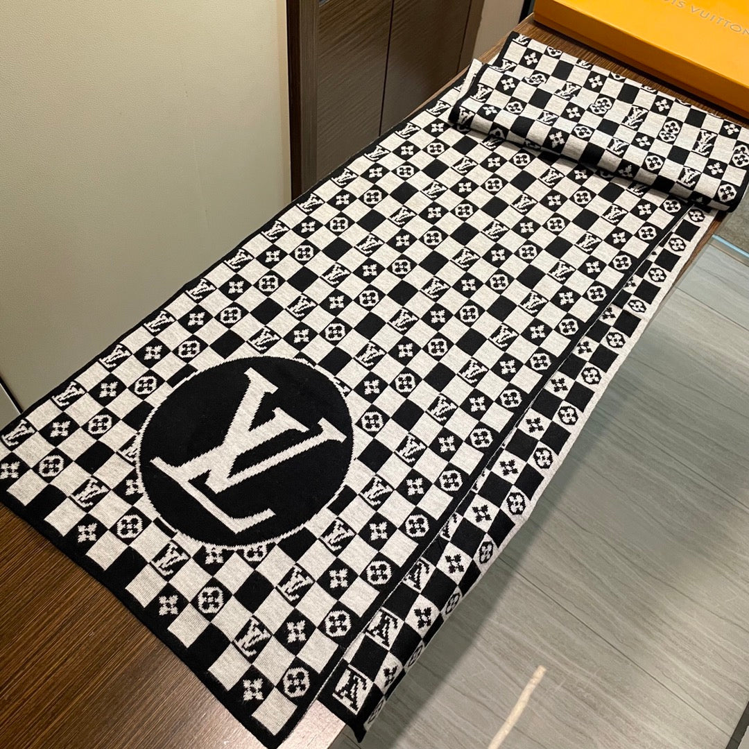 LOUIS VUITTON CLASSIC DAMIER SCARF 200 CM IN BLACK MIX WHITE CASHMERE 389750