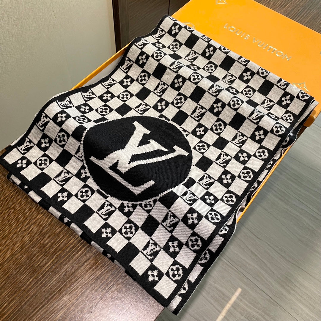 LOUIS VUITTON CLASSIC DAMIER SCARF 200 CM IN BLACK MIX WHITE CASHMERE 389750