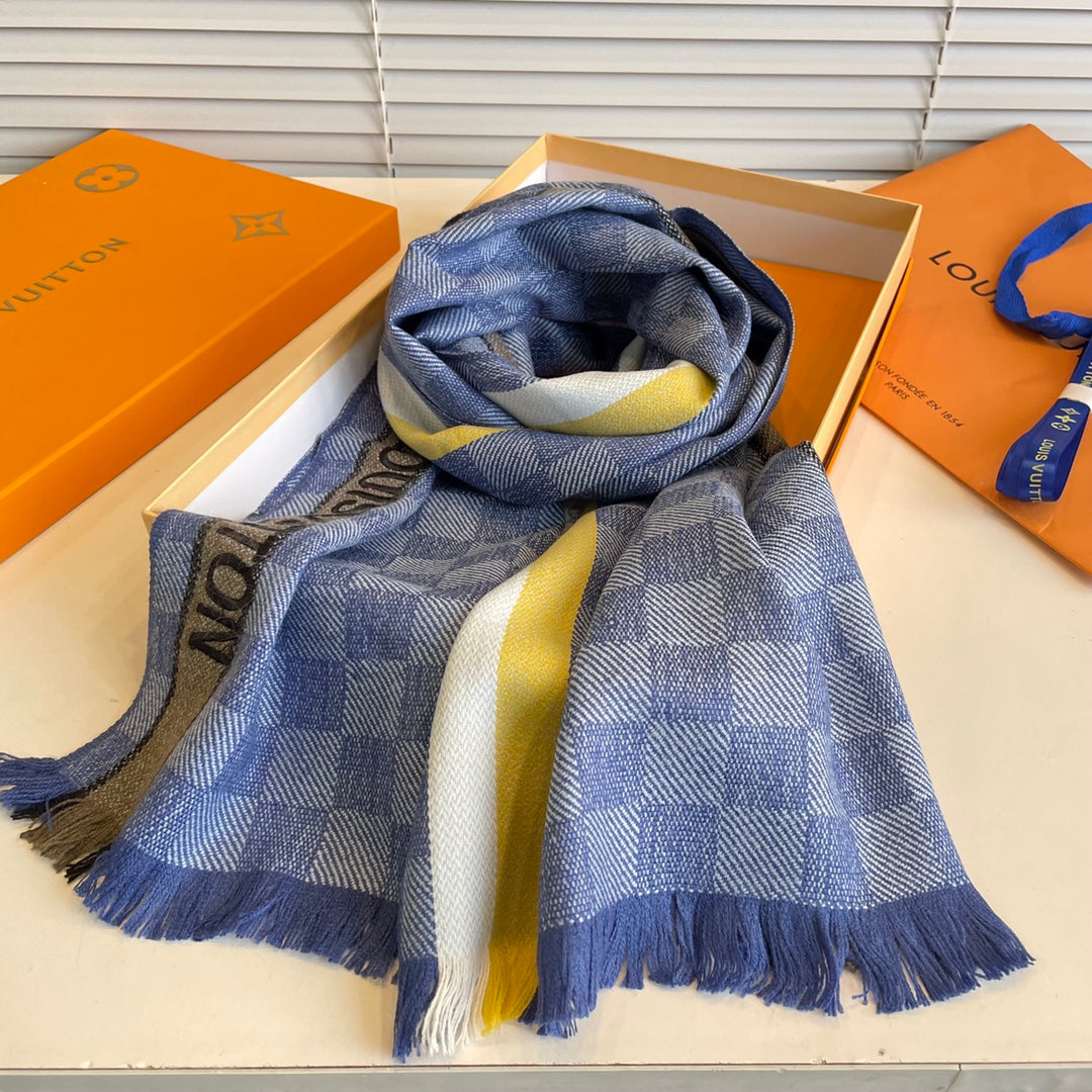 LOUIS VUITTON DAMIER SCARF 190 CM IN SAPPHIRE BLUE CASHMERE 391146