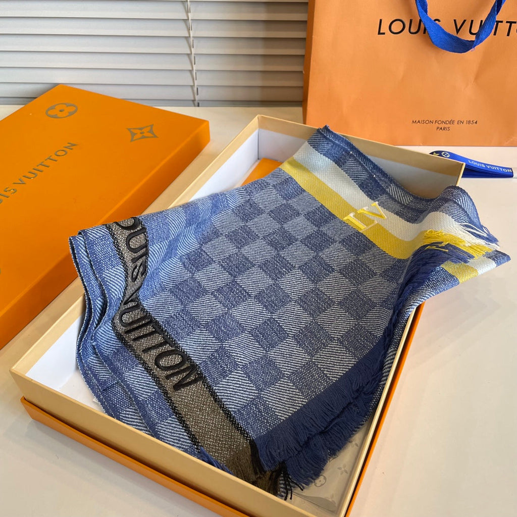 LOUIS VUITTON DAMIER SCARF 190 CM IN SAPPHIRE BLUE CASHMERE 391146