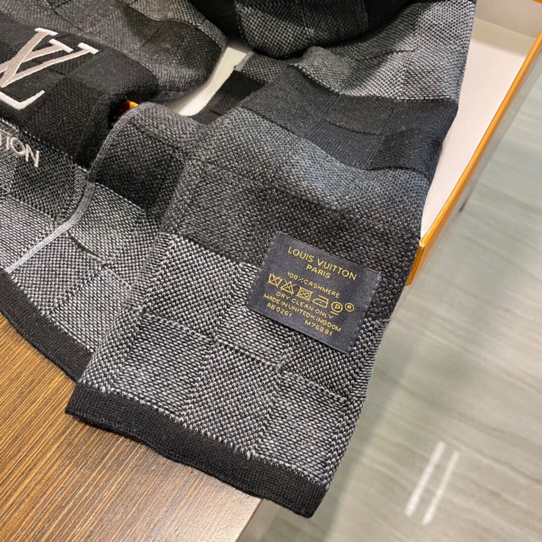 LOUIS VUITTON DAMIER HERITAGE SCARF 180 CM IN BLACK MIX GRAY CASHMERE 391150