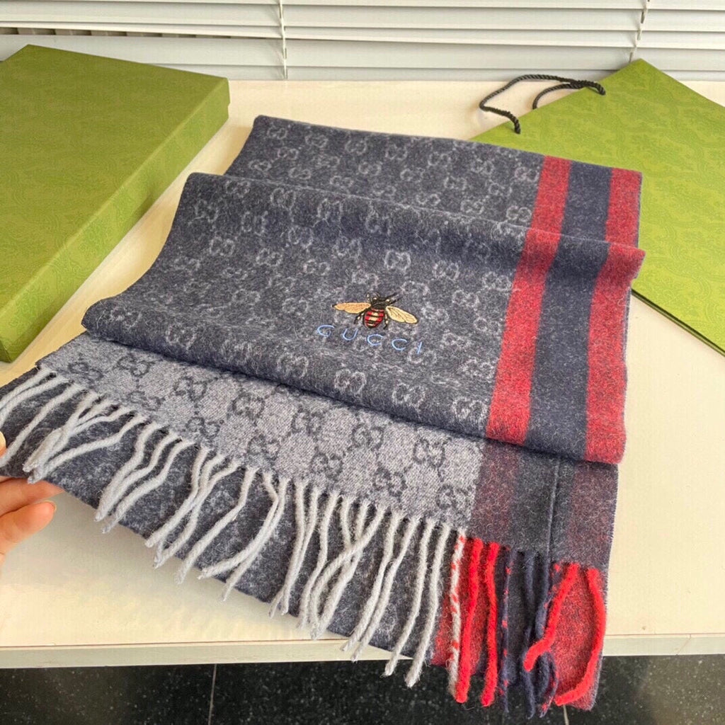 GUCCI STRIPED SCARF 200 CM IN DARK GRAY CASHMERE WITH EMBROIDERED BEE 398533