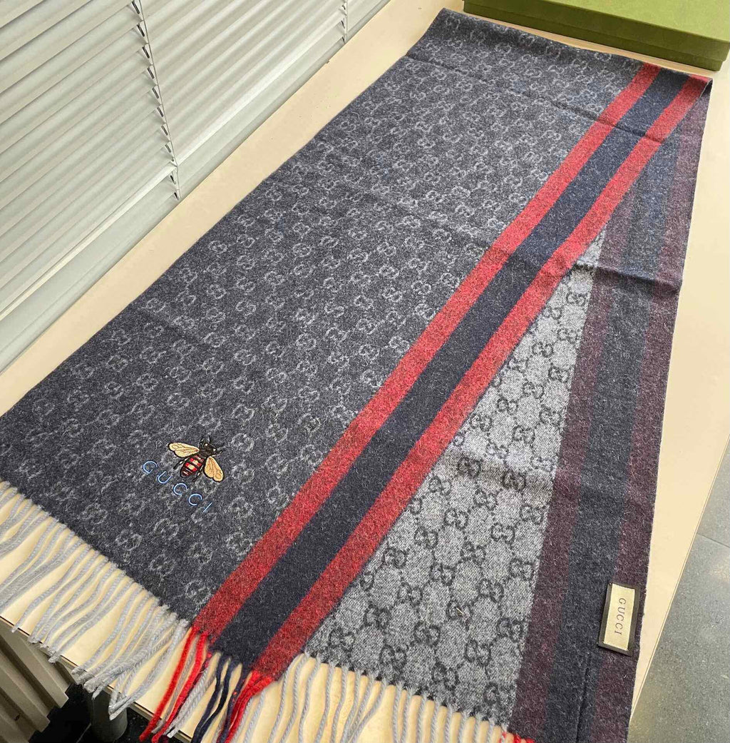 GUCCI STRIPED SCARF 200 CM IN DARK GRAY CASHMERE WITH EMBROIDERED BEE 398533
