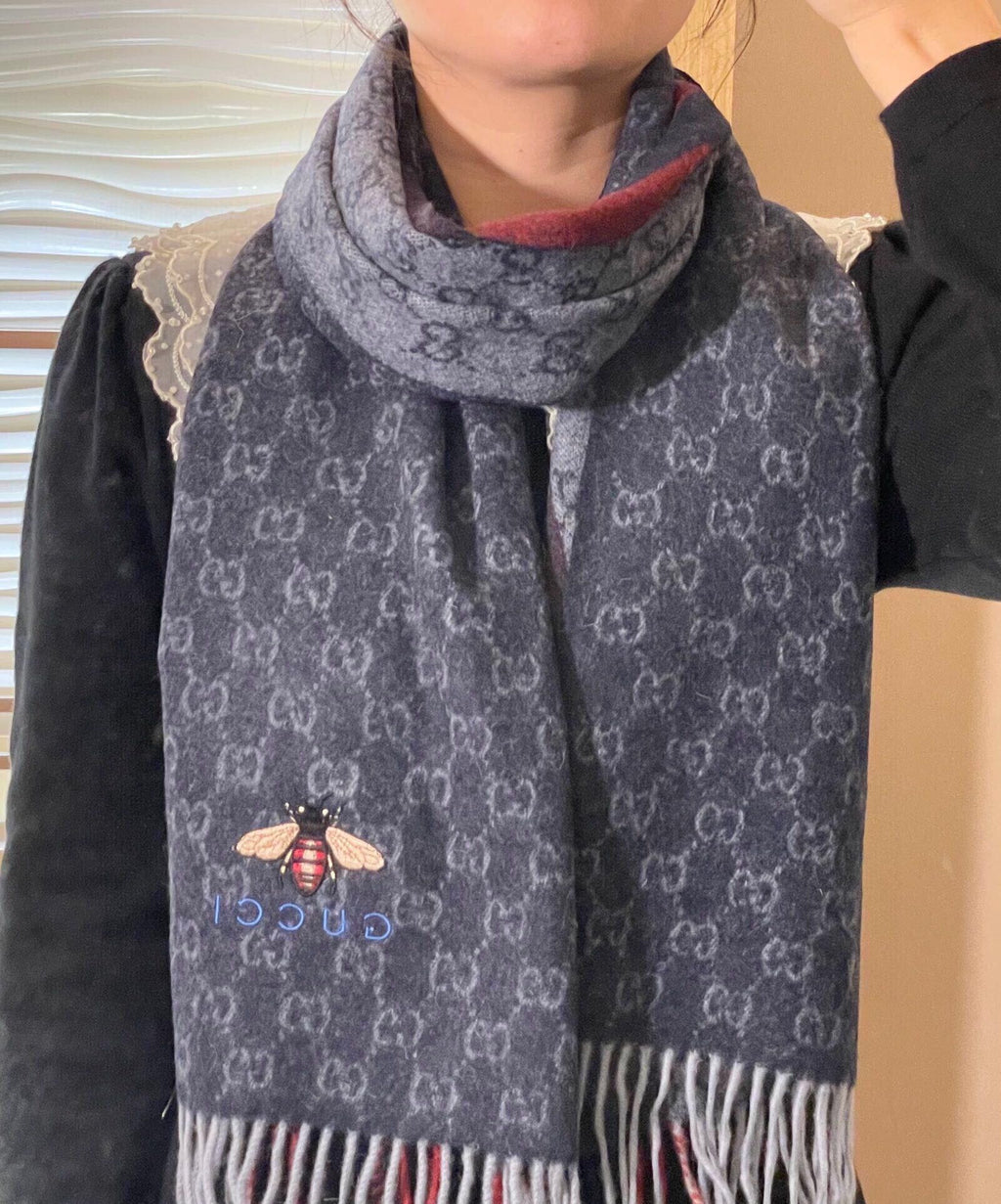 GUCCI STRIPED SCARF 200 CM IN DARK GRAY CASHMERE WITH EMBROIDERED BEE 398533