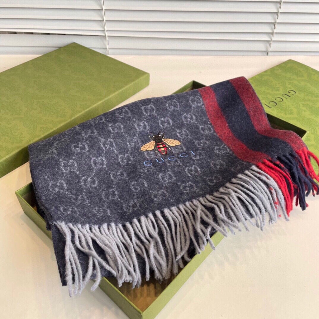 GUCCI STRIPED SCARF 200 CM IN DARK GRAY CASHMERE WITH EMBROIDERED BEE 398533