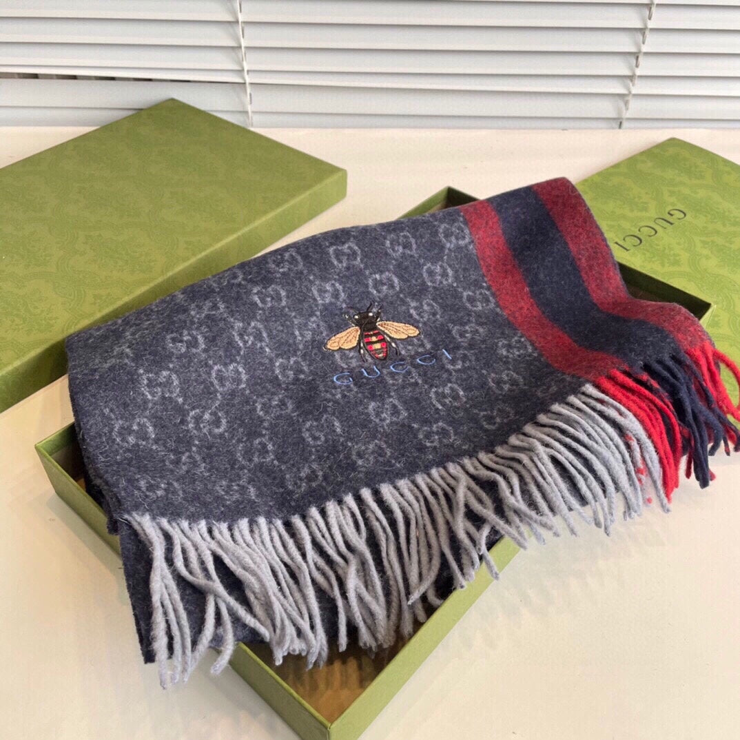GUCCI STRIPED SCARF 200 CM IN DARK GRAY CASHMERE WITH EMBROIDERED BEE 398533