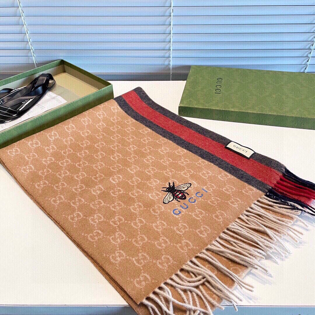 GUCCI STRIPED SCARF 200 CM IN TAWNY BROWN CASHMERE WITH EMBROIDERED BEE 398532