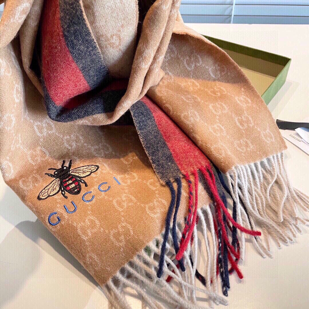 GUCCI STRIPED SCARF 200 CM IN TAWNY BROWN CASHMERE WITH EMBROIDERED BEE 398532