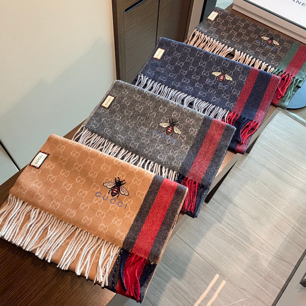 GUCCI STRIPED SCARF 200 CM IN TAWNY BROWN CASHMERE WITH EMBROIDERED BEE 398532