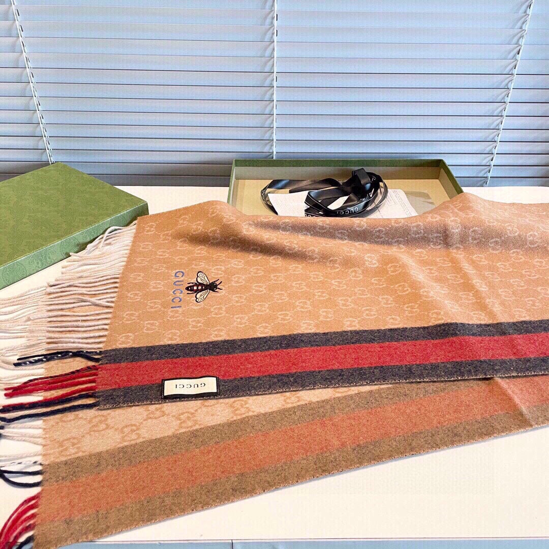 GUCCI STRIPED SCARF 200 CM IN TAWNY BROWN CASHMERE WITH EMBROIDERED BEE 398532