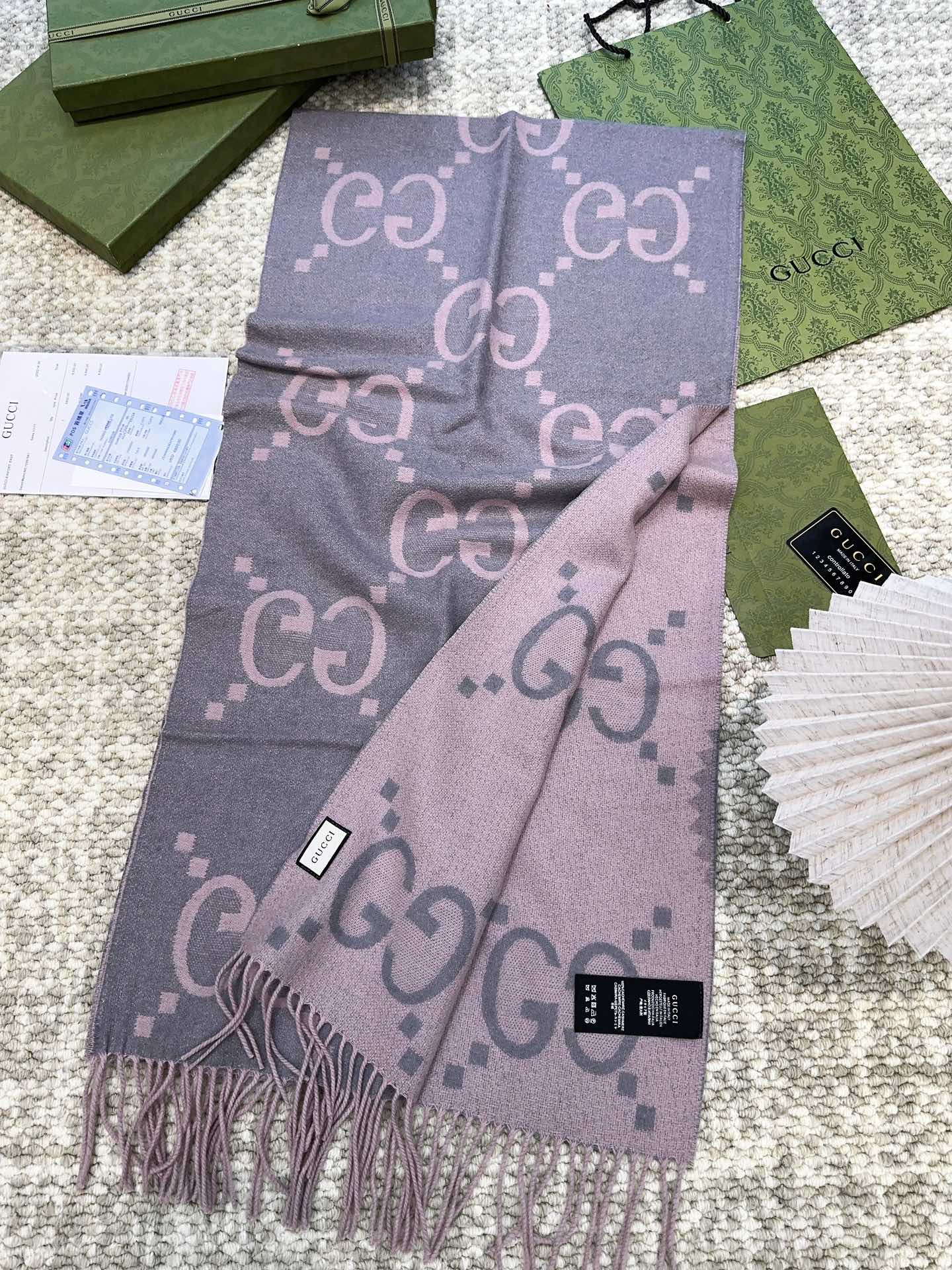 GUCCI SCARF 200 CM IN LIGHT PINK MIX GRAY CASHMERE 396379