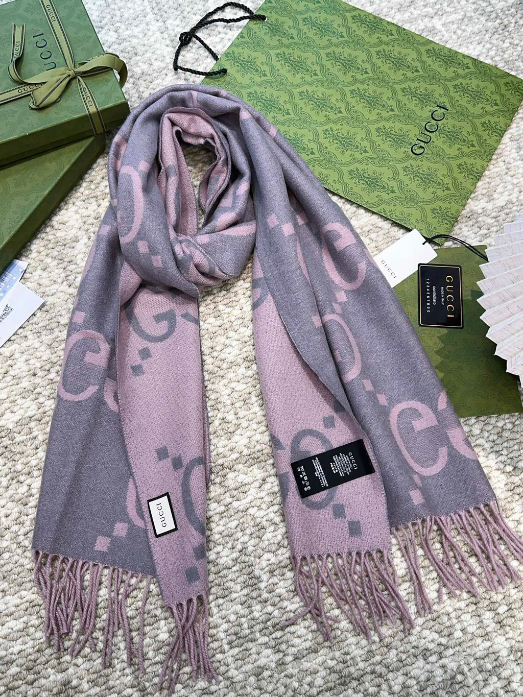 GUCCI SCARF 200 CM IN LIGHT PINK MIX GRAY CASHMERE 396379