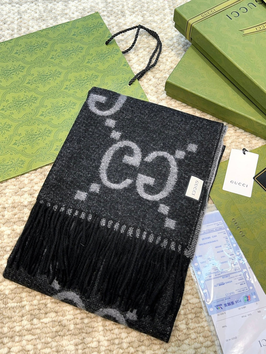 GUCCI SCARF 200 CM IN BLACK MIX LIGHT GRAY CASHMERE 396377