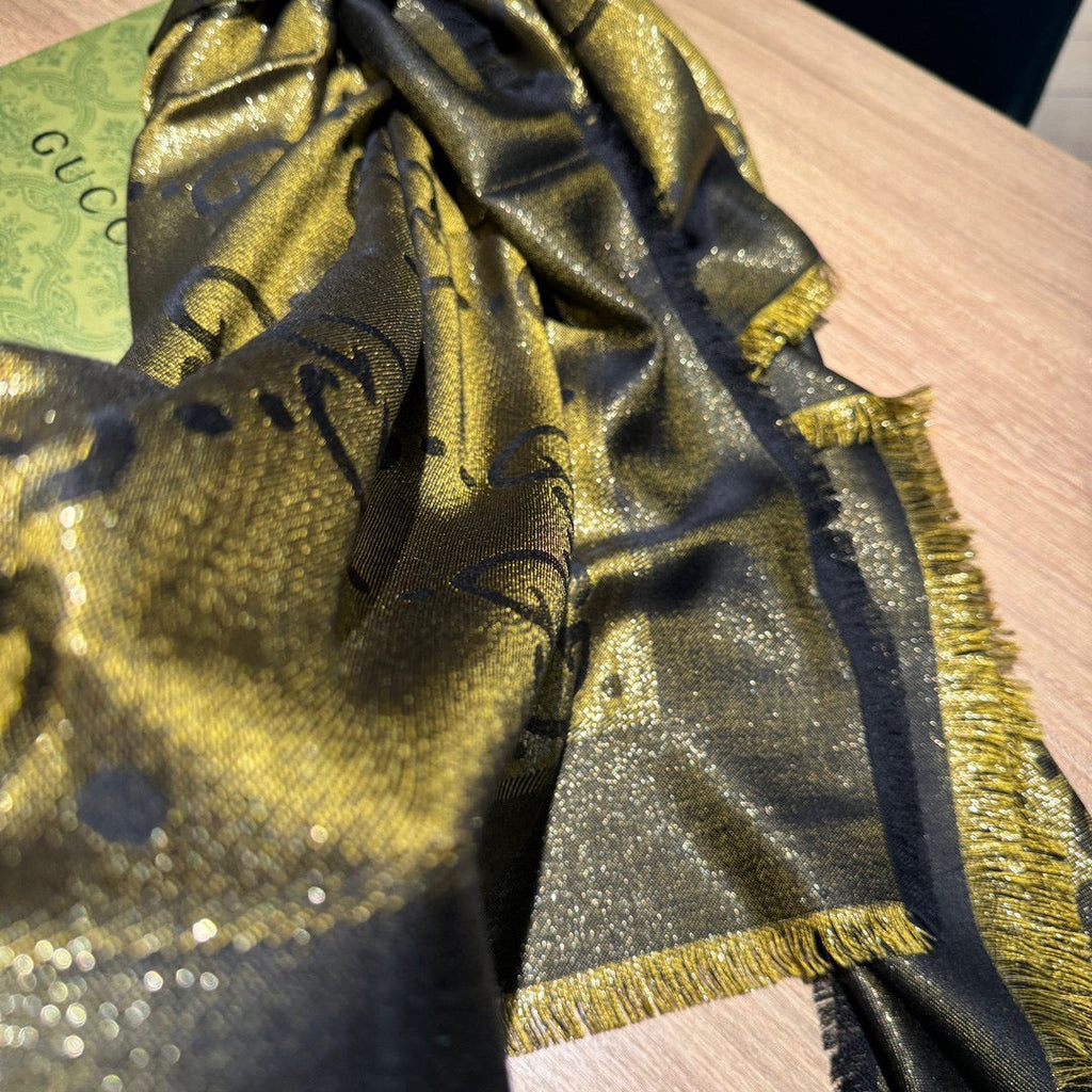 GUCCI JACQUARD SILK WOOL SHAWL 140 CM ANTIQUE GOLD 401258
