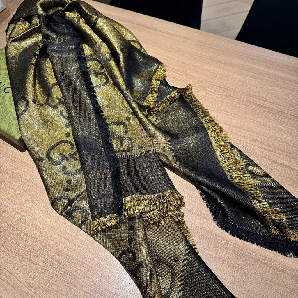 GUCCI JACQUARD SILK WOOL SHAWL 140 CM ANTIQUE GOLD 401258