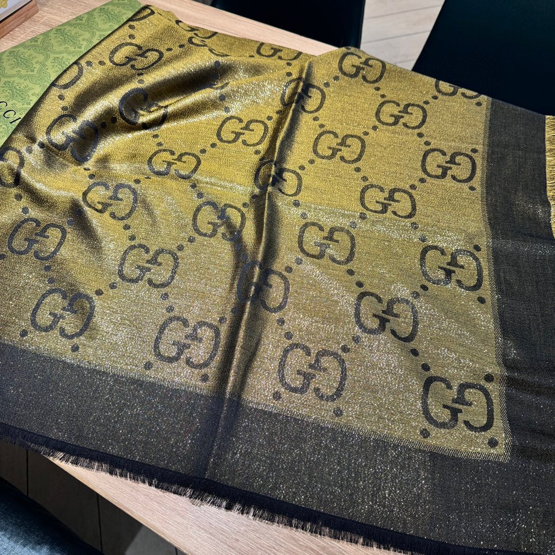 GUCCI JACQUARD SILK WOOL SHAWL 140 CM ANTIQUE GOLD 401258