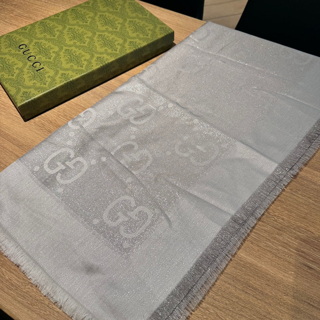 GUCCI JACQUARD SILK WOOL SHAWL 140 CM SILVER GRAY 401259