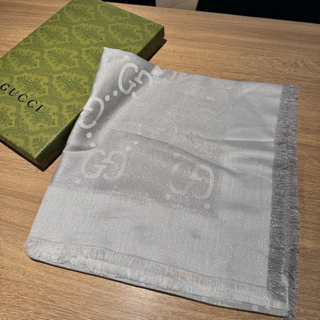 GUCCI JACQUARD SILK WOOL SHAWL 140 CM SILVER GRAY 401259