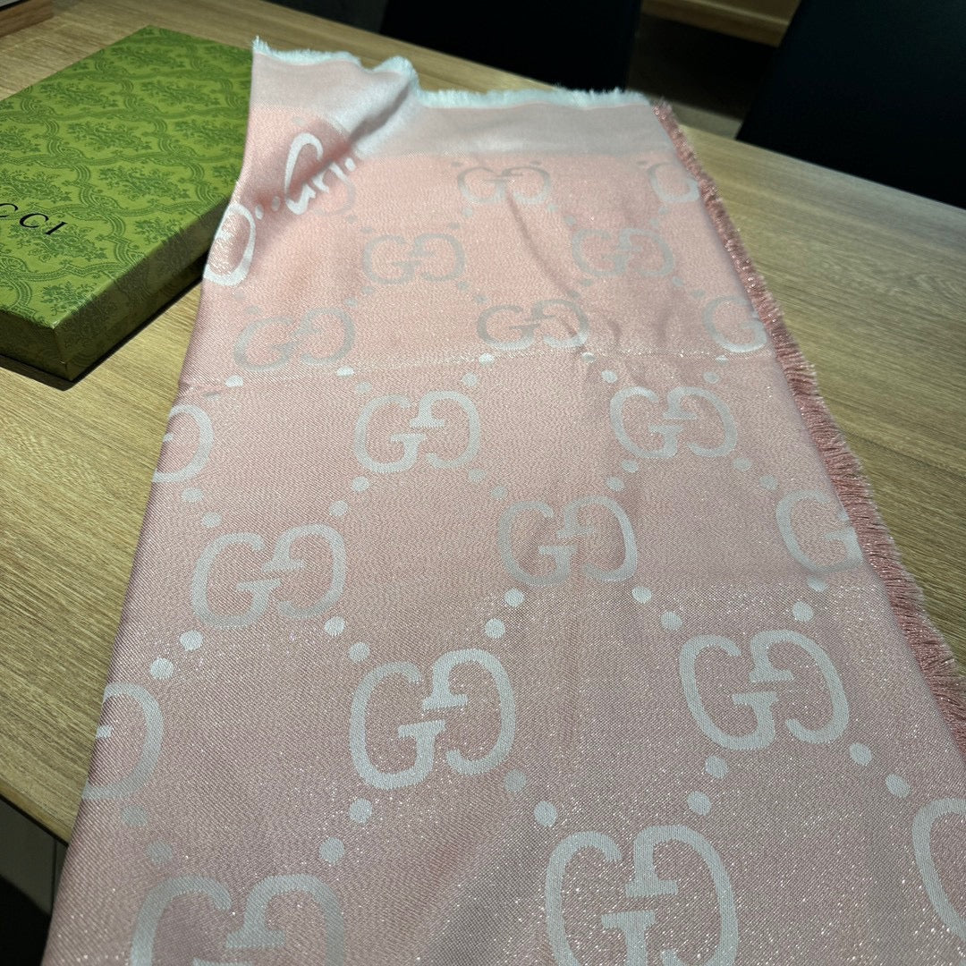 GUCCI JACQUARD SILK WOOL SHAWL 140 CM LIGHT PINK 401260