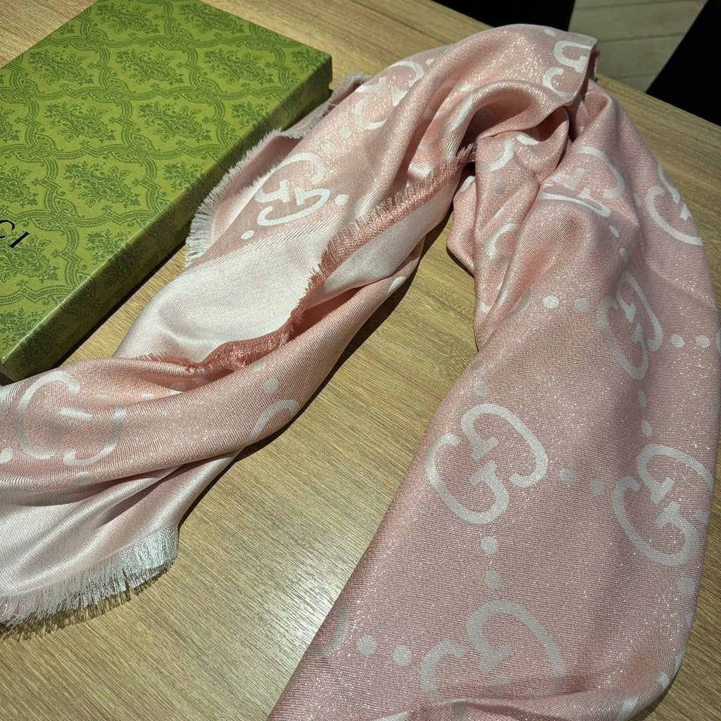 GUCCI JACQUARD SILK WOOL SHAWL 140 CM LIGHT PINK 401260