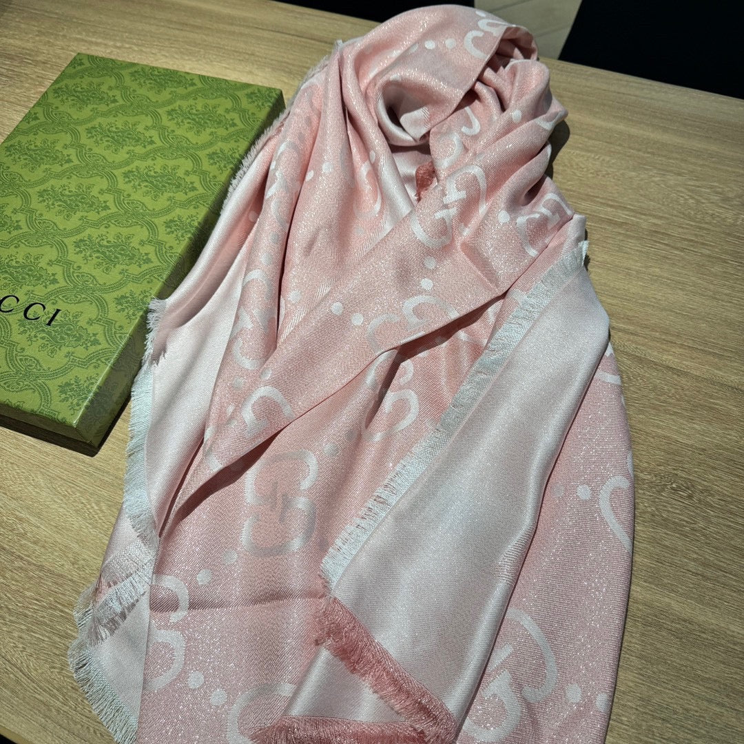 GUCCI JACQUARD SILK WOOL SHAWL 140 CM LIGHT PINK 401260
