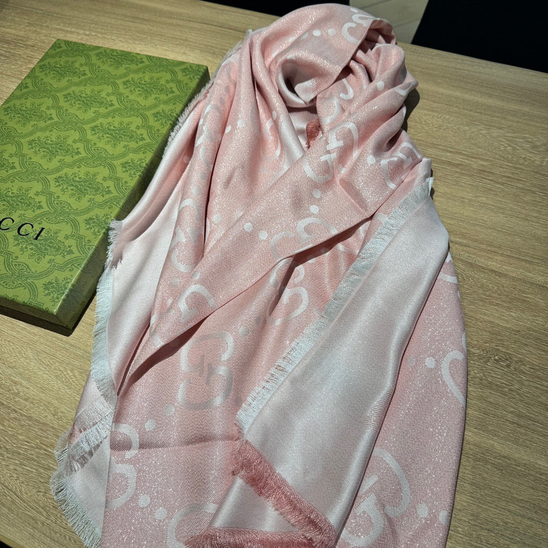 GUCCI JACQUARD SILK WOOL SHAWL 140 CM LIGHT PINK 401260