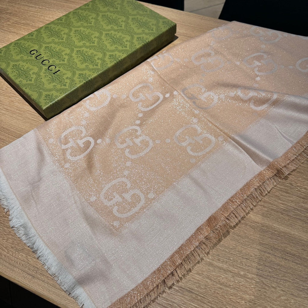 GUCCI JACQUARD SILK WOOL SHAWL 140 CM BISQUE BEIGE 401261