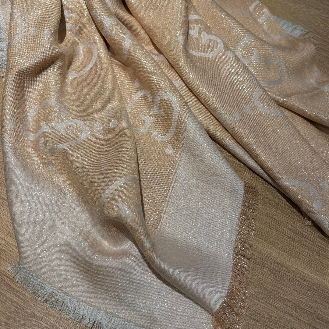 GUCCI JACQUARD SILK WOOL SHAWL 140 CM BISQUE BEIGE 401261