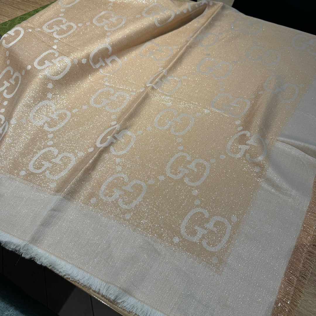 GUCCI JACQUARD SILK WOOL SHAWL 140 CM BISQUE BEIGE 401261