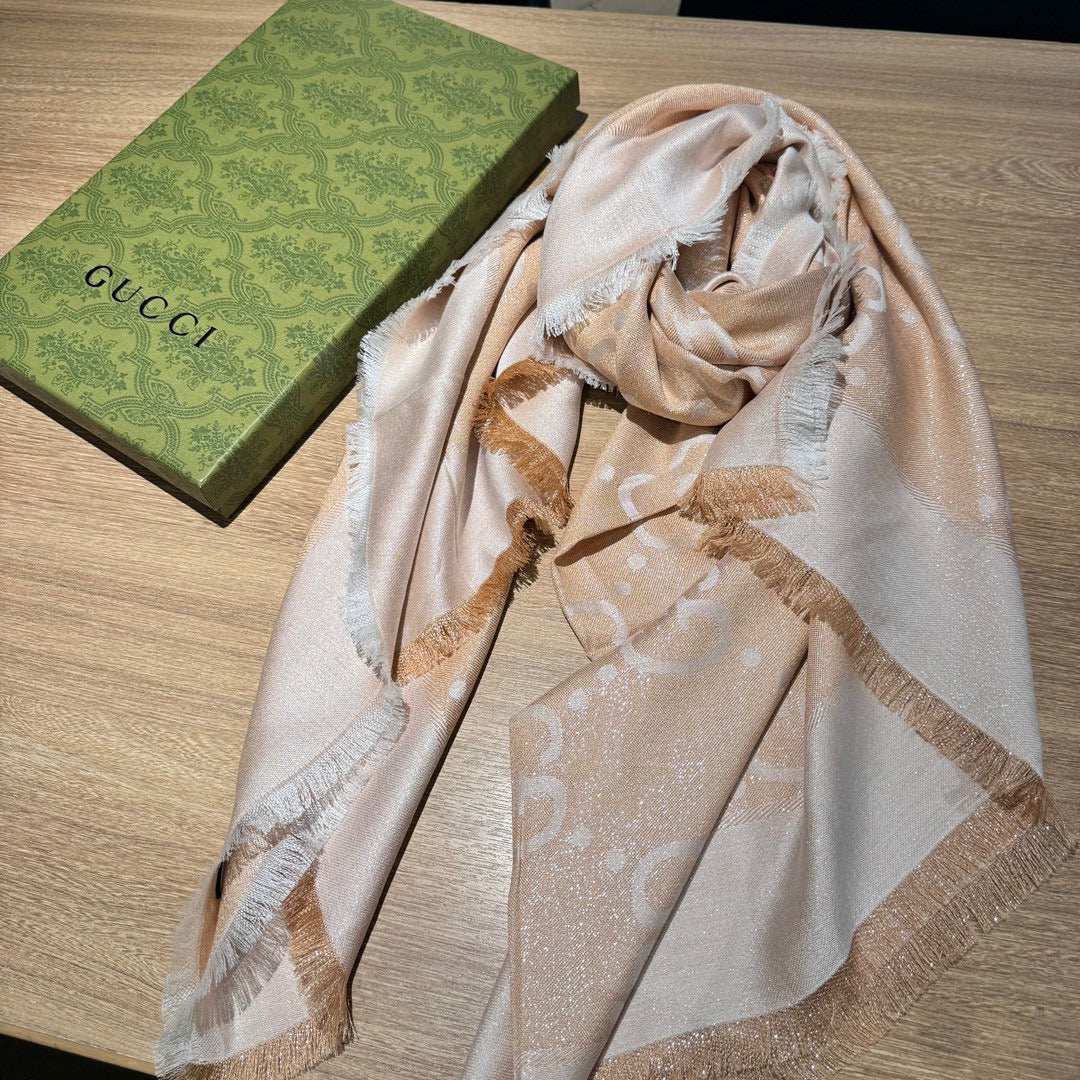GUCCI JACQUARD SILK WOOL SHAWL 140 CM BISQUE BEIGE 401261