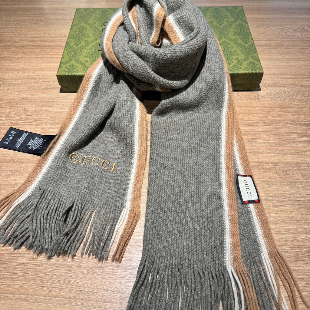 GUCCI SCARF 180 CM IN SHADOW GRAY MIX PEANUT BROWN WOOL 403965