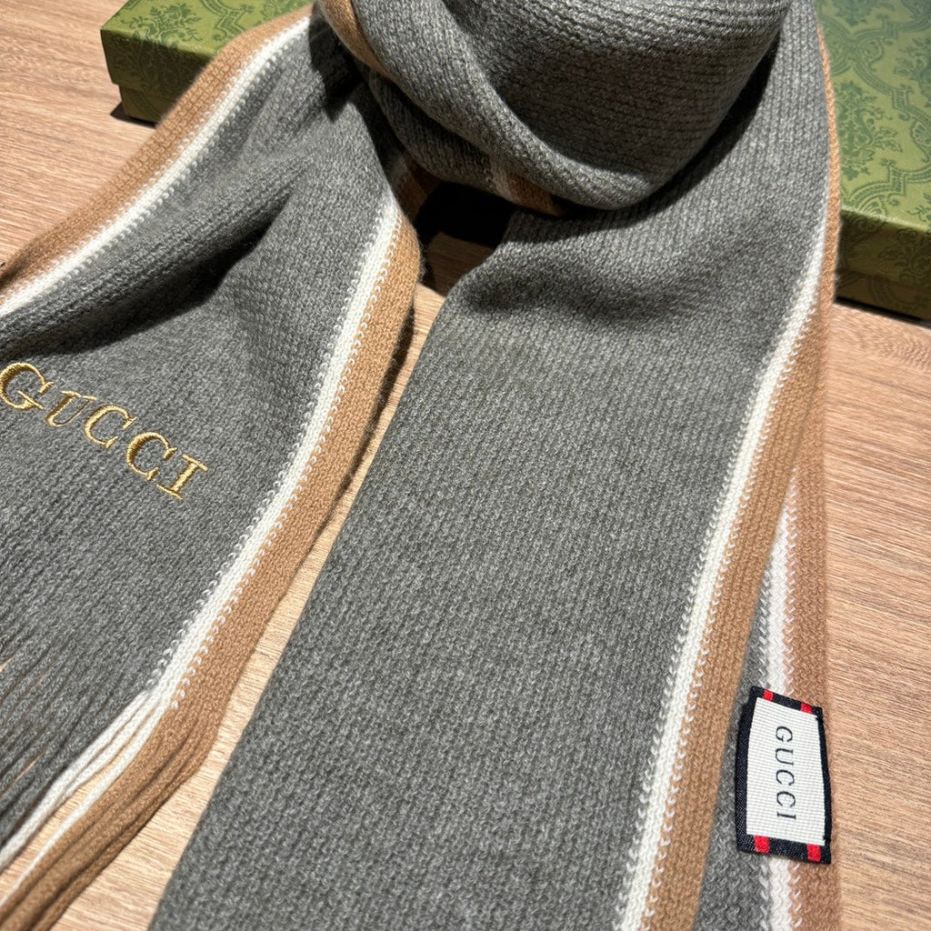 GUCCI SCARF 180 CM IN SHADOW GRAY MIX PEANUT BROWN WOOL 403965