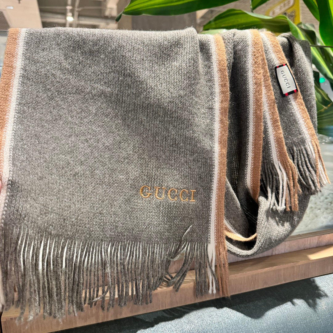 GUCCI SCARF 180 CM IN SHADOW GRAY MIX PEANUT BROWN WOOL 403965