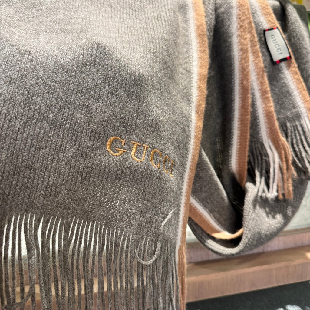 GUCCI SCARF 180 CM IN SHADOW GRAY MIX PEANUT BROWN WOOL 403965