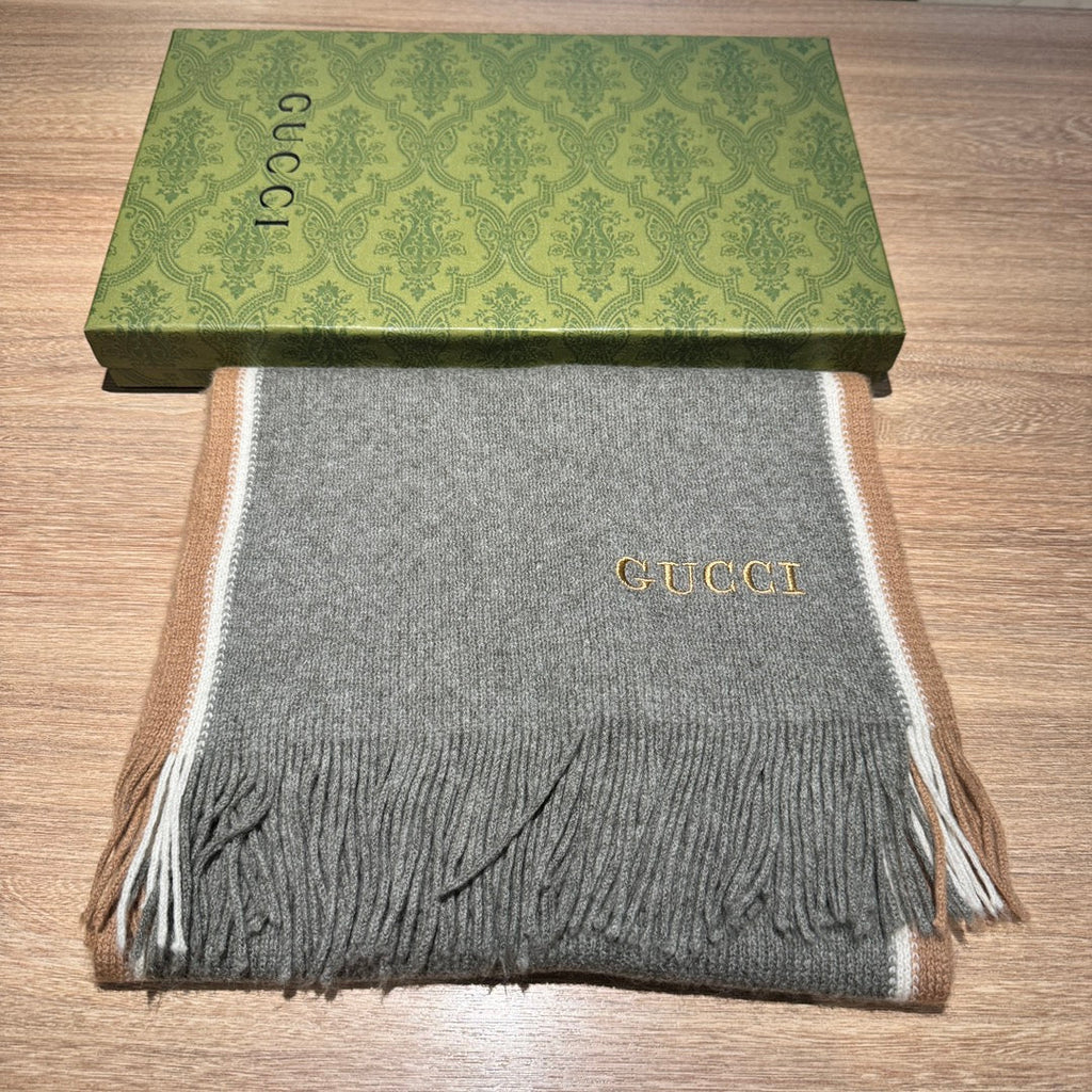GUCCI SCARF 180 CM IN SHADOW GRAY MIX PEANUT BROWN WOOL 403965