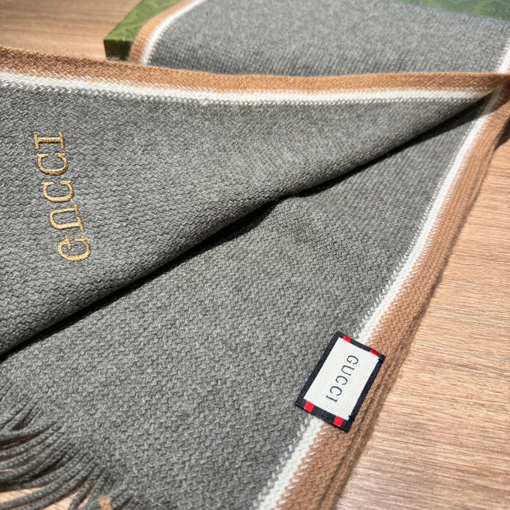 GUCCI SCARF 180 CM IN SHADOW GRAY MIX PEANUT BROWN WOOL 403965