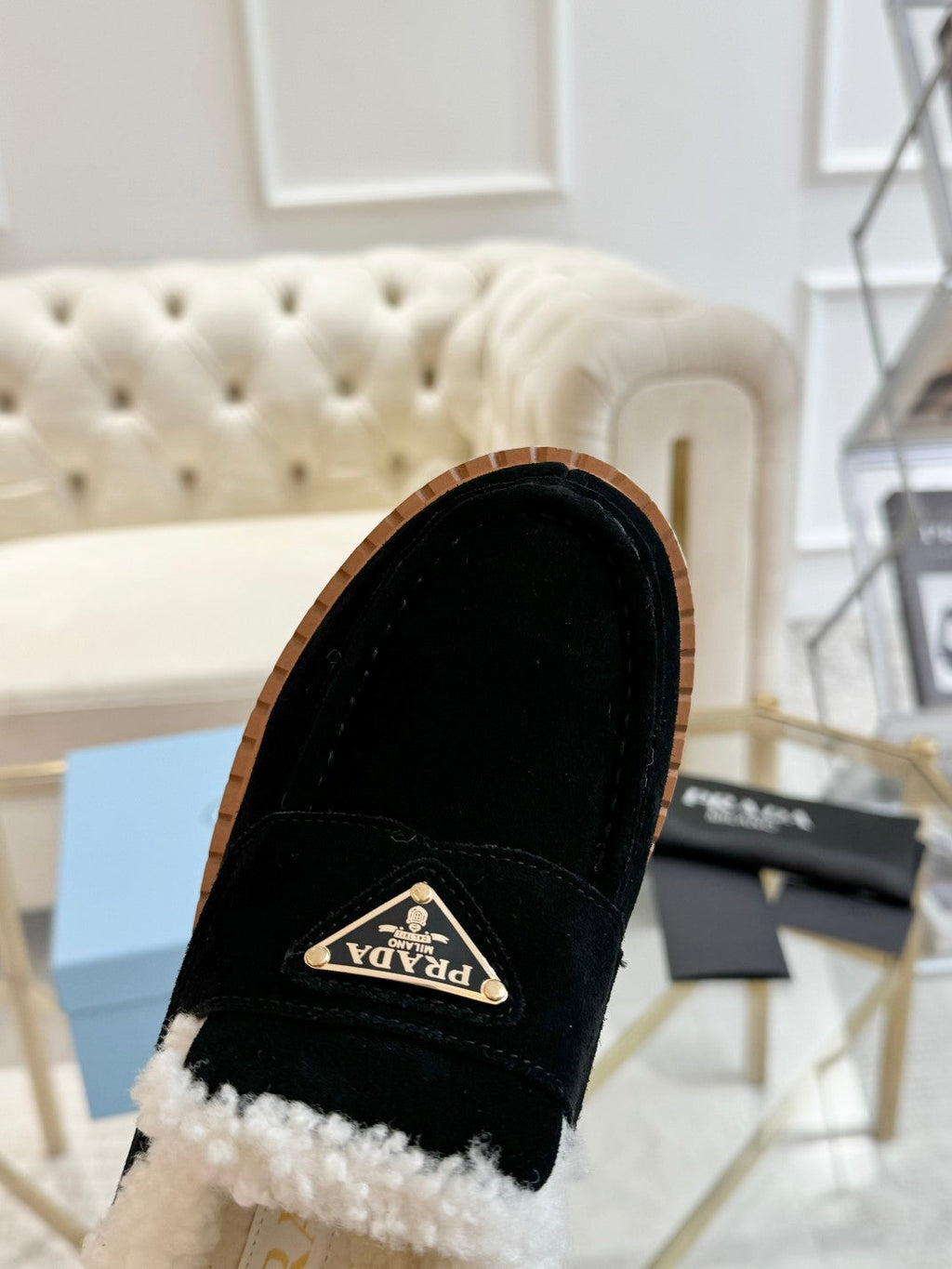 PRADA SUEDE LOAFER BLACK WITH SHEARLING LINING