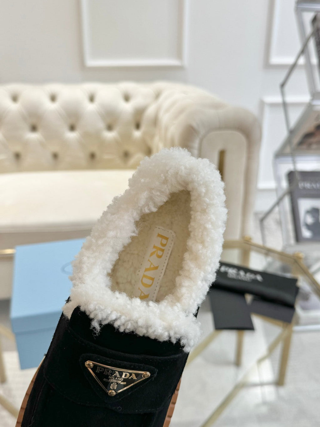 PRADA SUEDE LOAFER BLACK WITH SHEARLING LINING