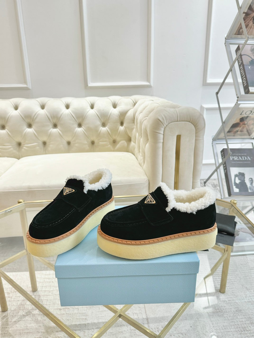 PRADA SUEDE LOAFER BLACK WITH SHEARLING LINING