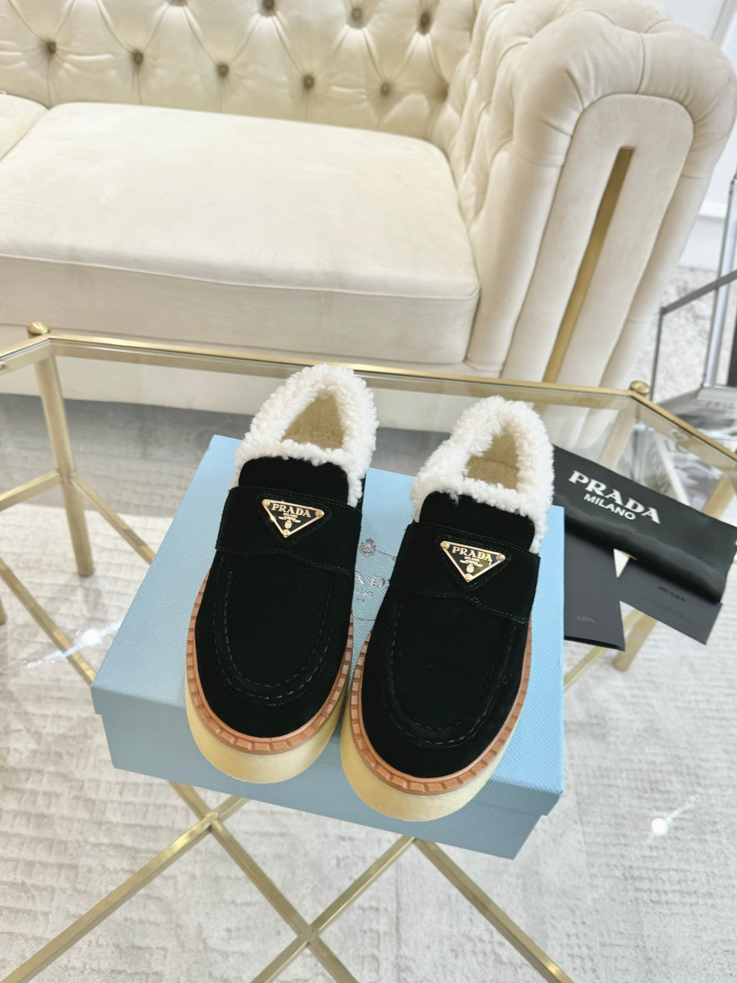 PRADA SUEDE LOAFER BLACK WITH SHEARLING LINING