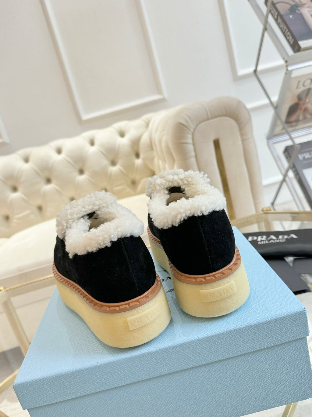 PRADA SUEDE LOAFER BLACK WITH SHEARLING LINING