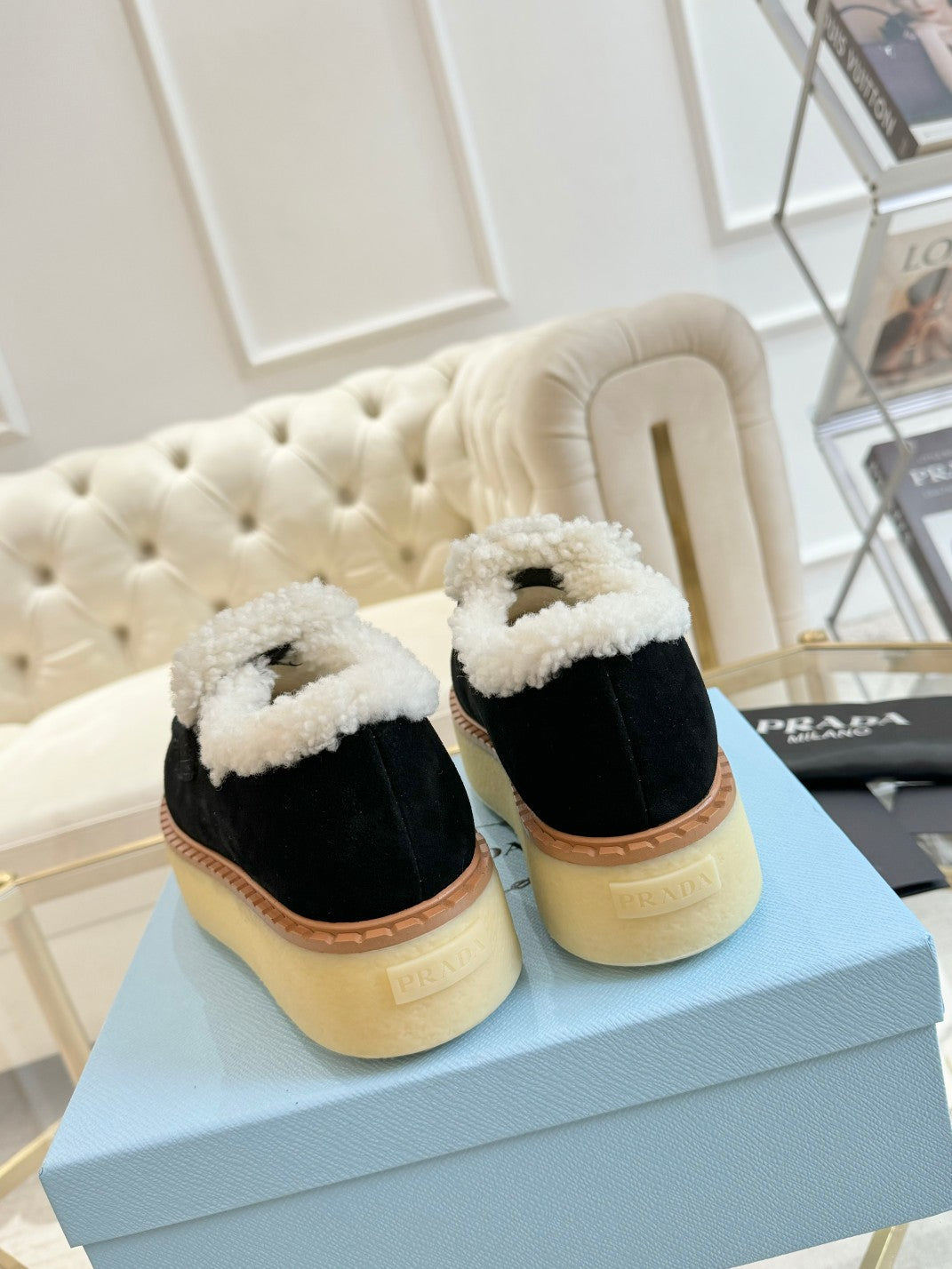 PRADA SUEDE LOAFER BLACK WITH SHEARLING LINING