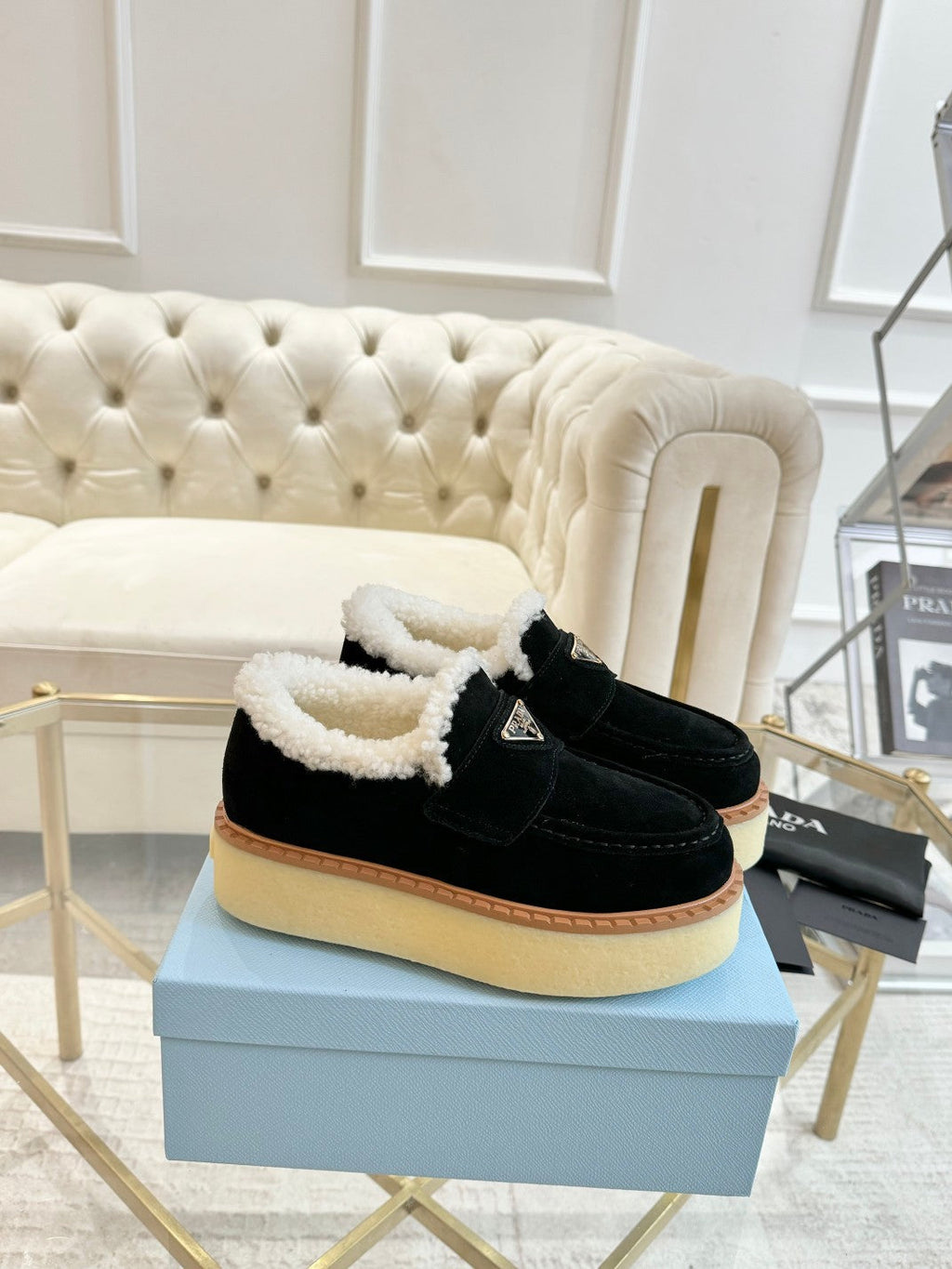 PRADA SUEDE LOAFER BLACK WITH SHEARLING LINING