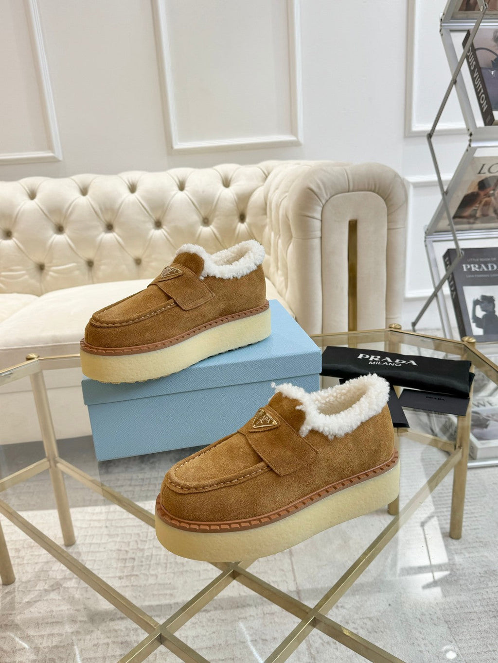 PRADA SUEDE LOAFER CAMEL WITH SHEARLING LINING