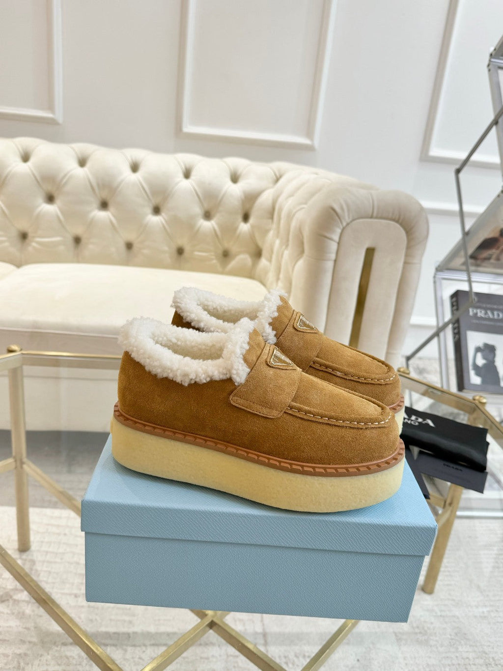 PRADA SUEDE LOAFER CAMEL WITH SHEARLING LINING