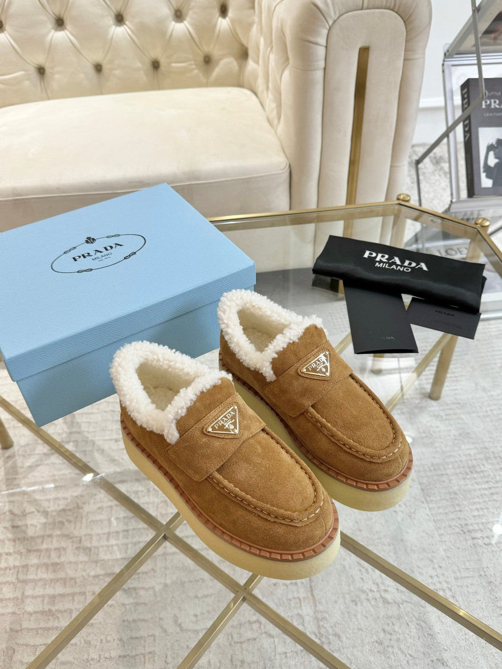 PRADA SUEDE LOAFER CAMEL WITH SHEARLING LINING