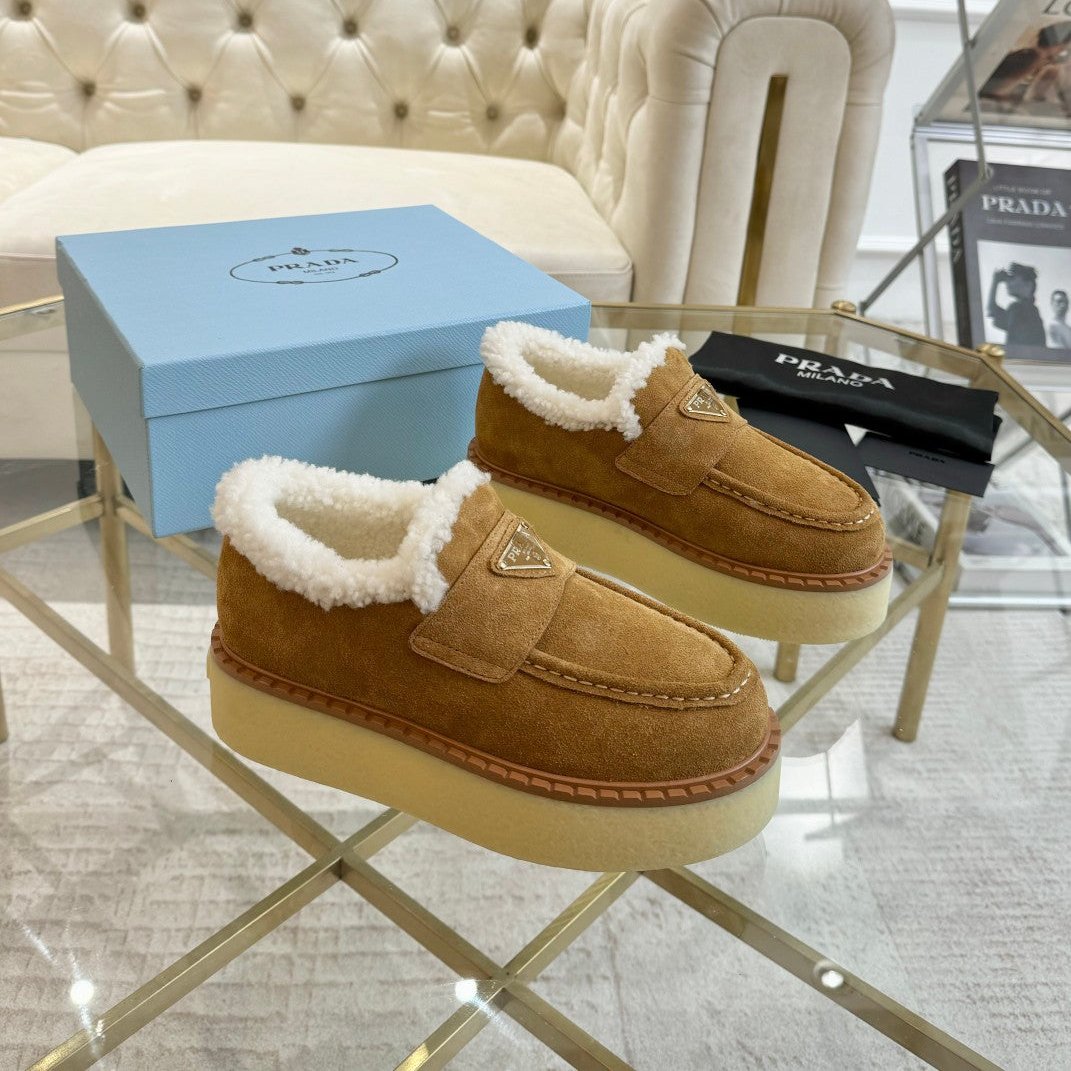 PRADA SUEDE LOAFER CAMEL WITH SHEARLING LINING