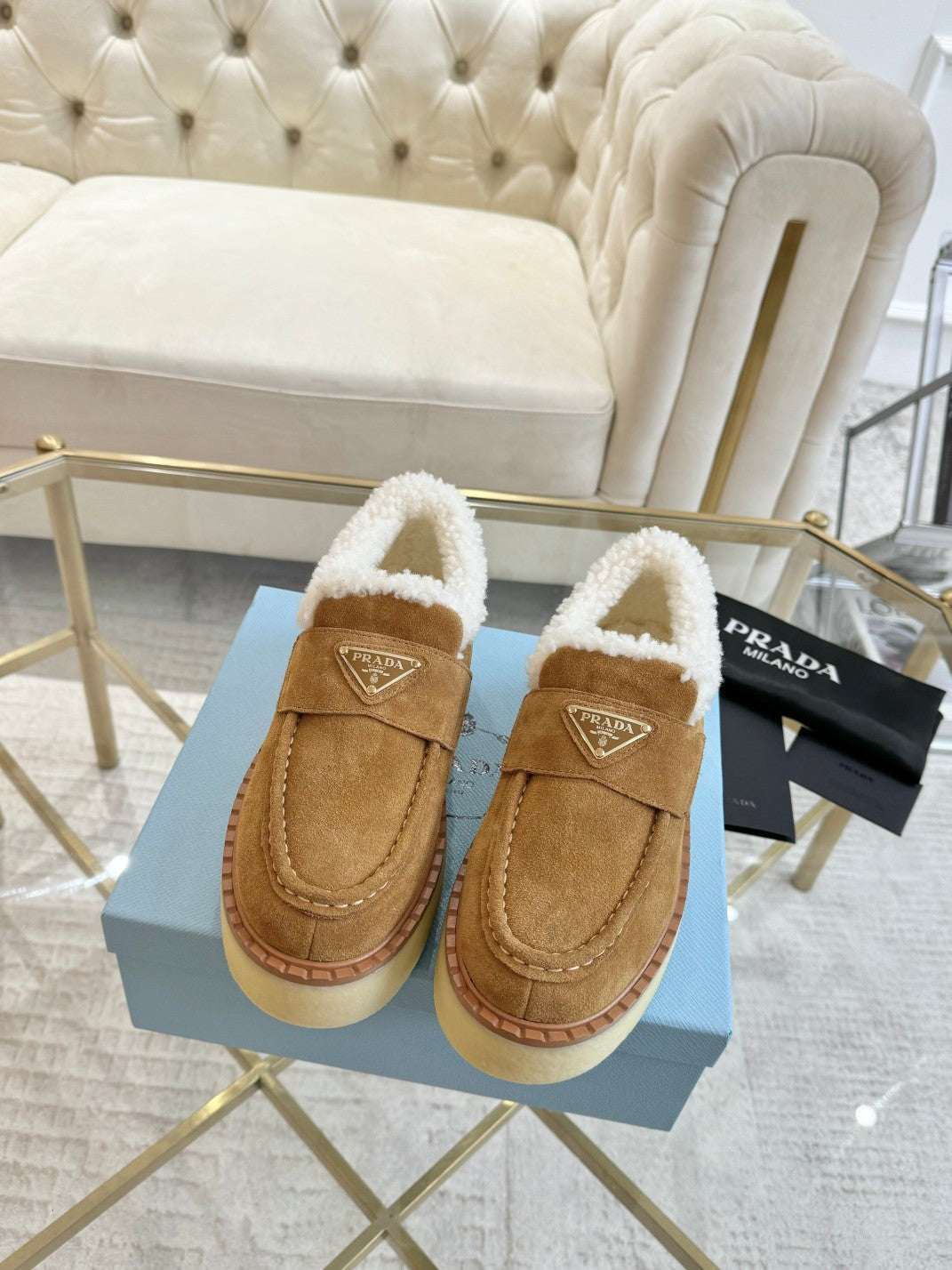 PRADA SUEDE LOAFER CAMEL WITH SHEARLING LINING