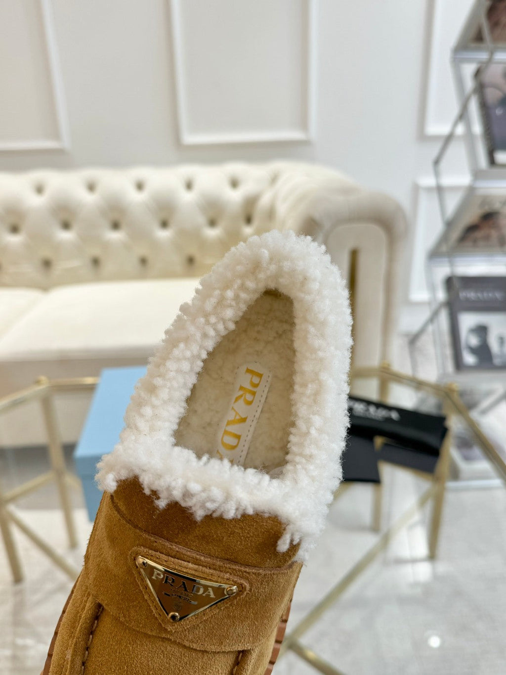 PRADA SUEDE LOAFER CAMEL WITH SHEARLING LINING