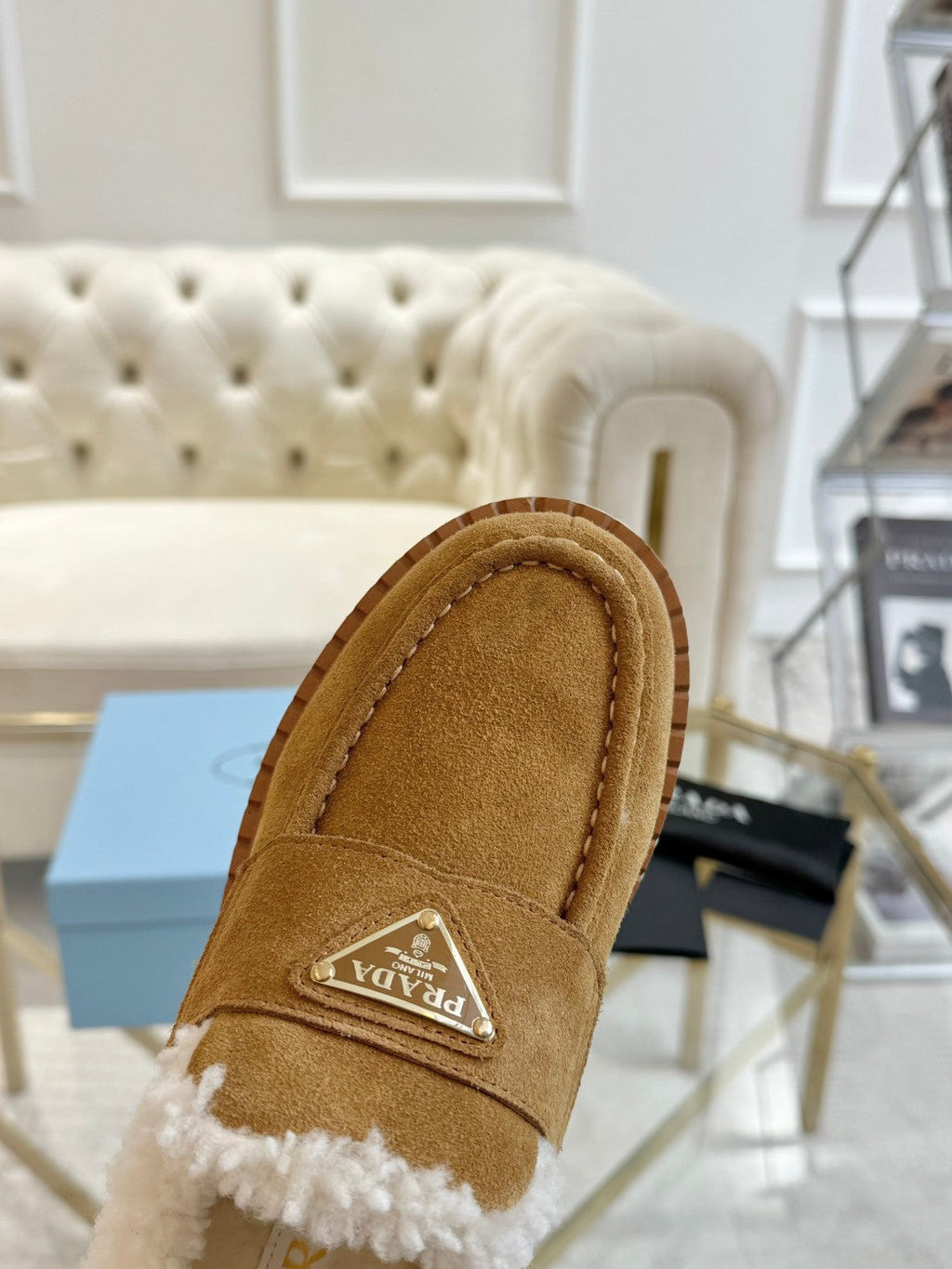 PRADA SUEDE LOAFER CAMEL WITH SHEARLING LINING